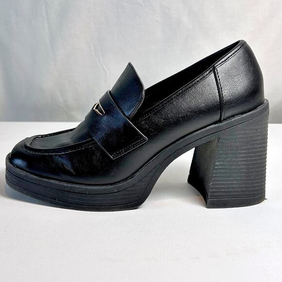 NWOT Black Chunky Square Toe Horsebit Platform Witchy Loafer Sz 7.5 - Picture 1 of 9
